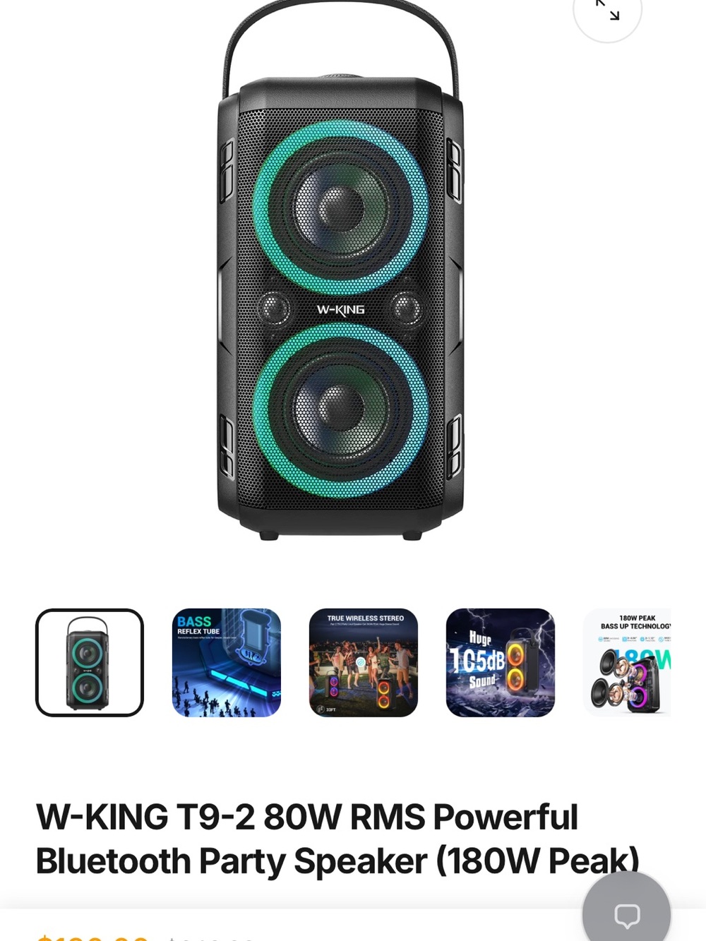 T9-2 80W Bluetooth Party Speaker - Black with Teal LED Rings
